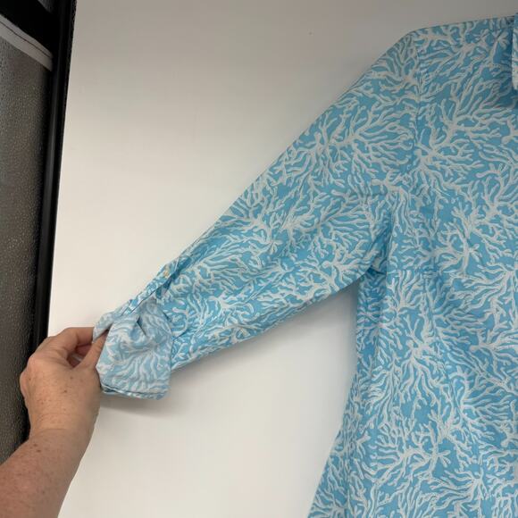 Talbots Shirt Women M Blue White Coral Reef Print Button Up Roll-tab Long Sleeve - Picture 4 of 10